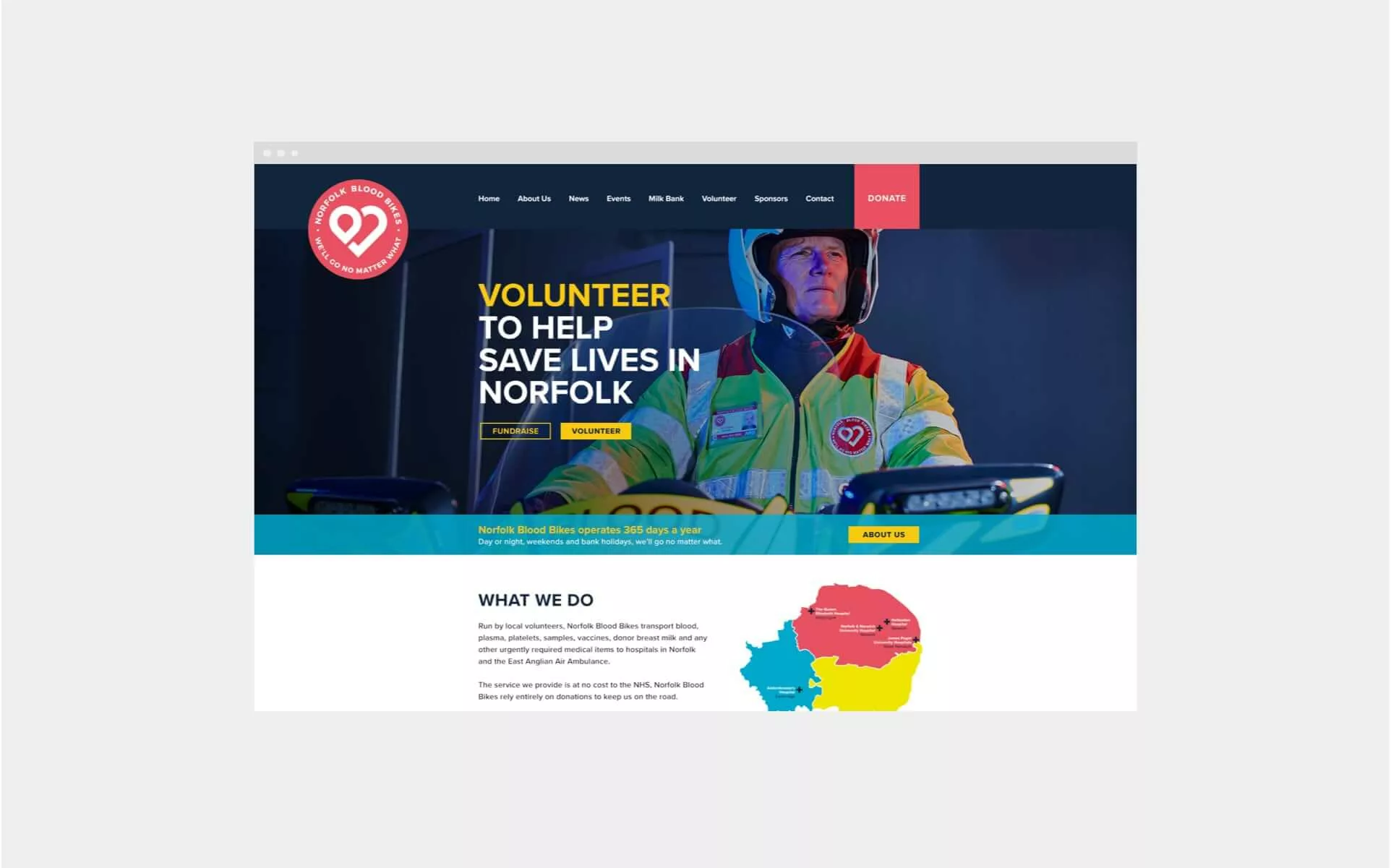 The homepage of the blood bikes website on a grey background