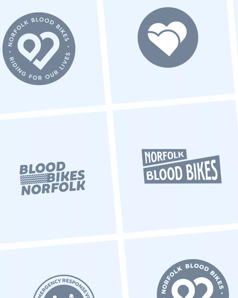 Different variations of the blood bikes logo during the rebranding process