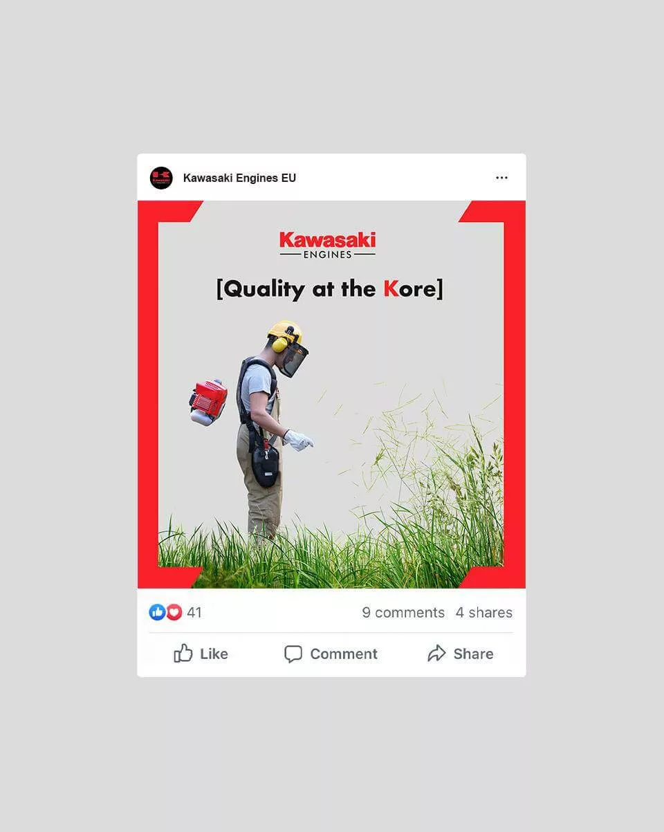 A Kawasaki Engines social media post on Facebook showing a campaign highlighting the quality of the engines