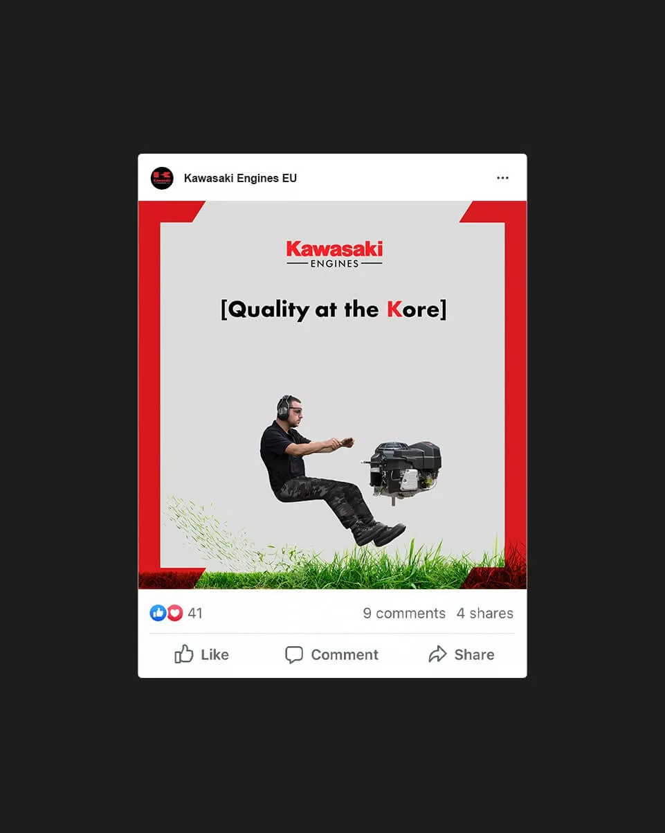 A second example of a Kawasaki Engines social media post on Facebook which shows a man riding an invisible ride-on mower with the engine visible