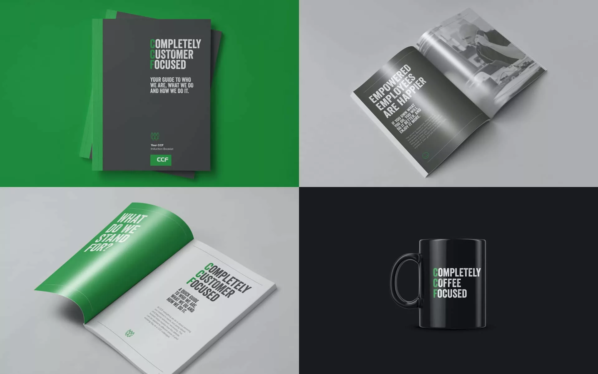 4 images of different coloured backgrounds displaying branded items from CCF