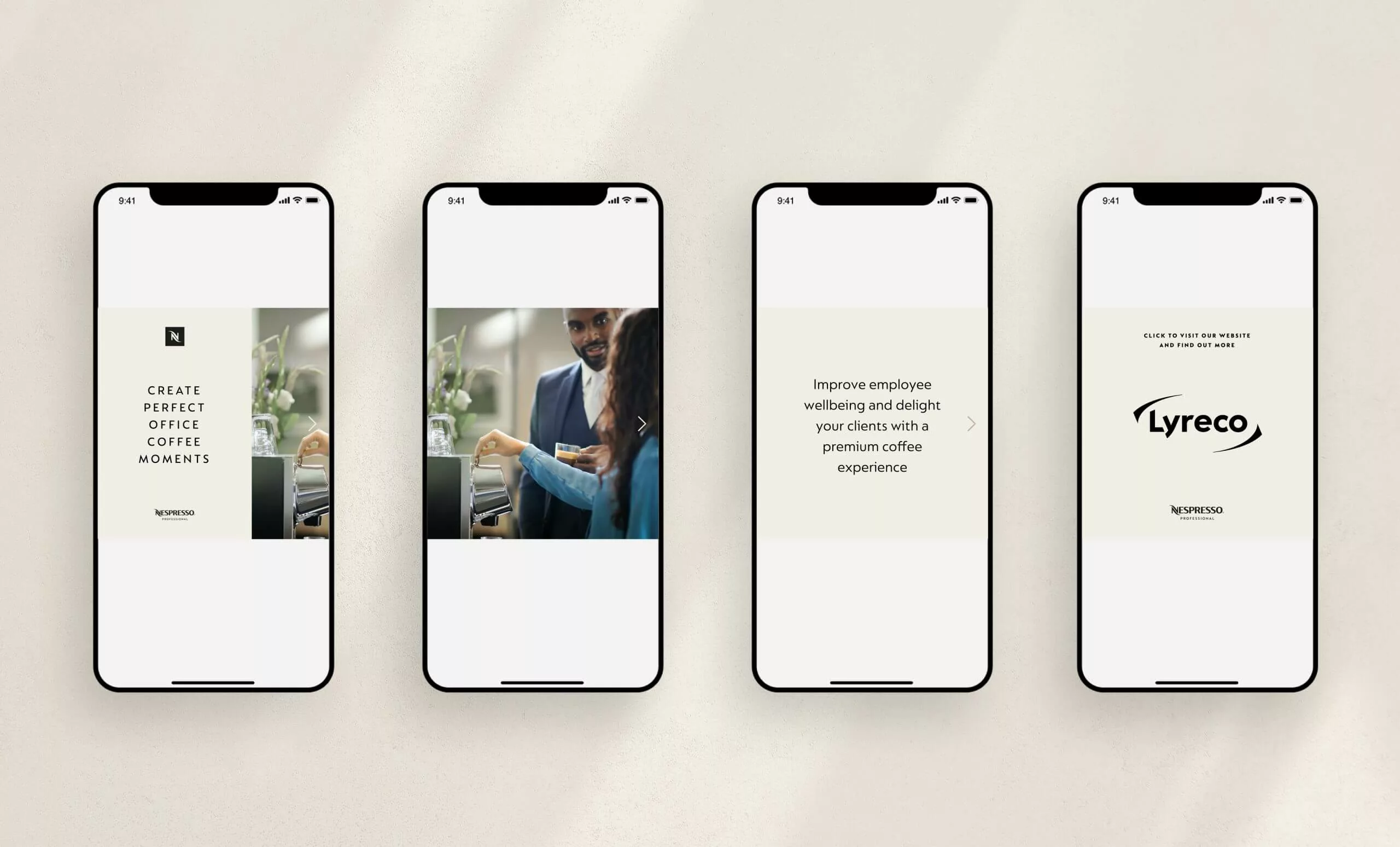 A mockup showing 4 mobiles and different pages on the Nespresso Professional website