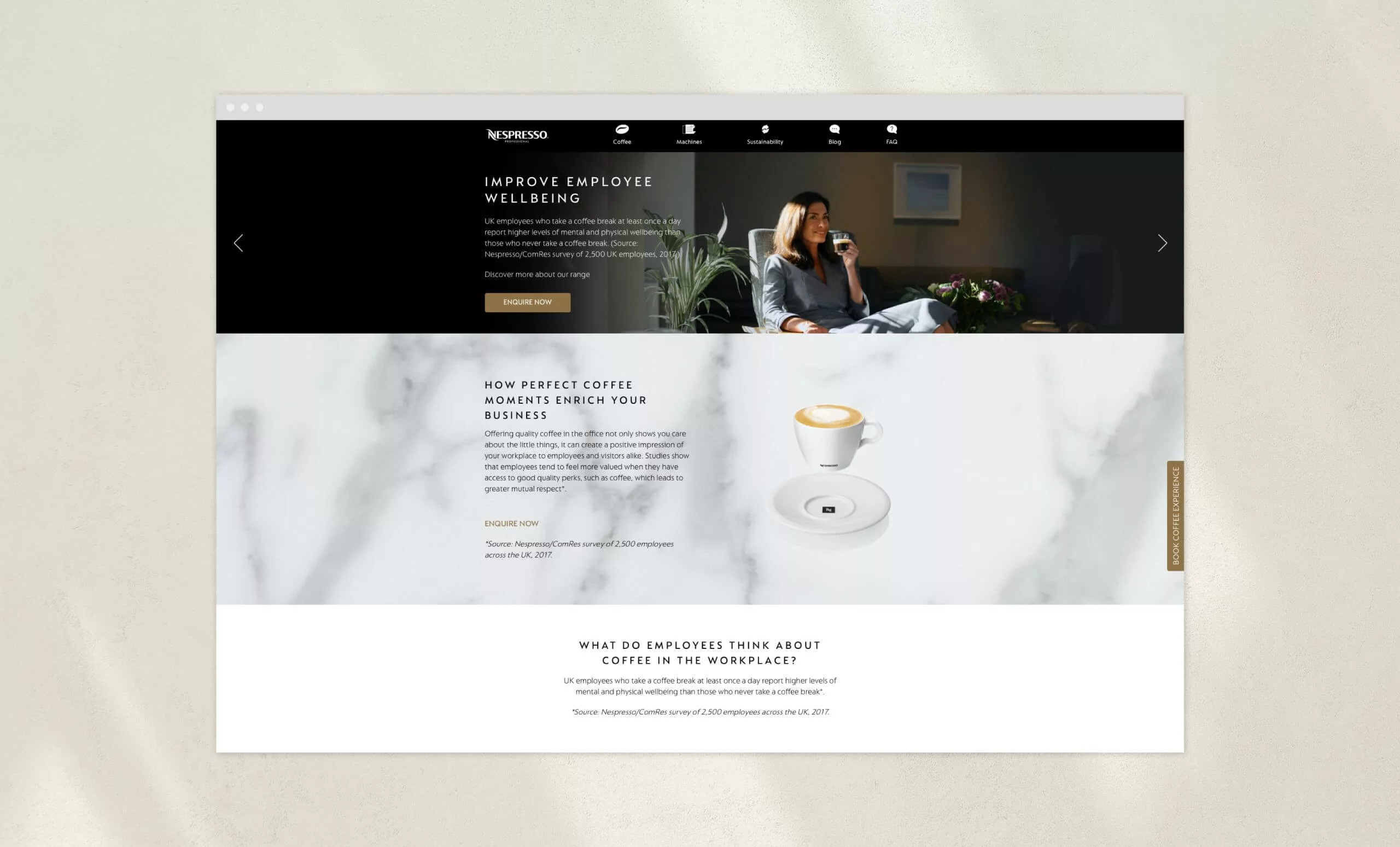 A mockup of the Nespresso website showing the homepage