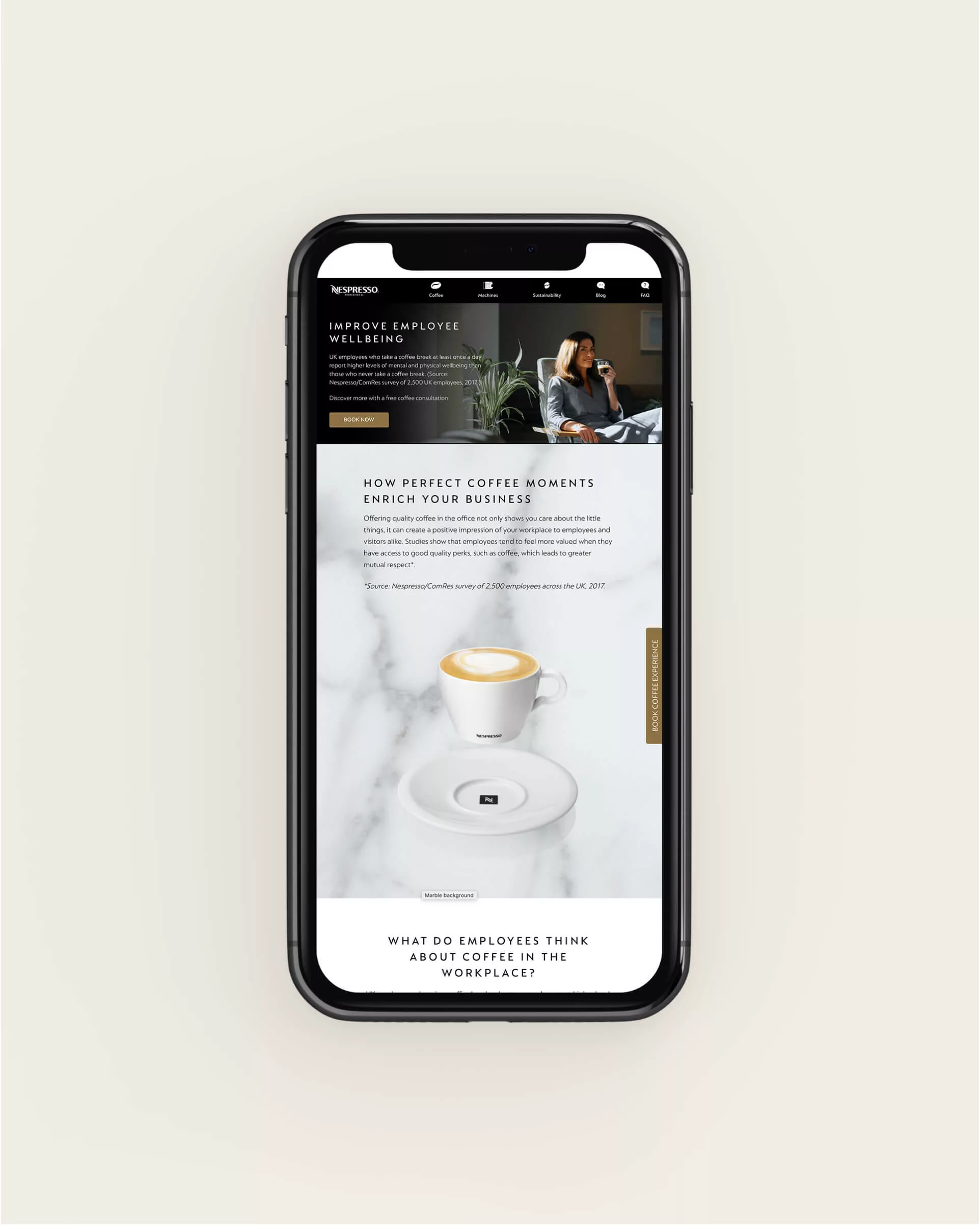 The Nespresso Professional website on a mobile device