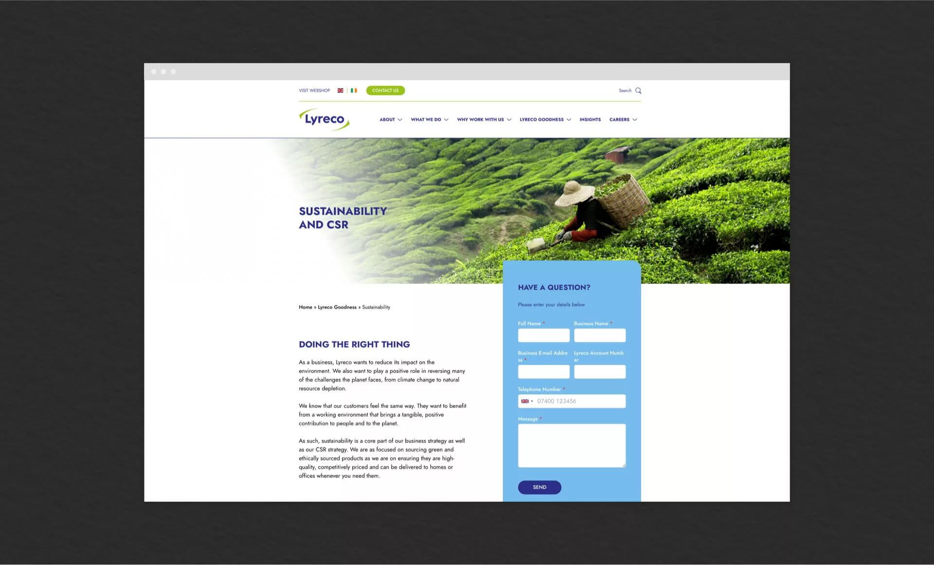 A mockup of the Sustainability and CSR page on the Lyreco Goodness website