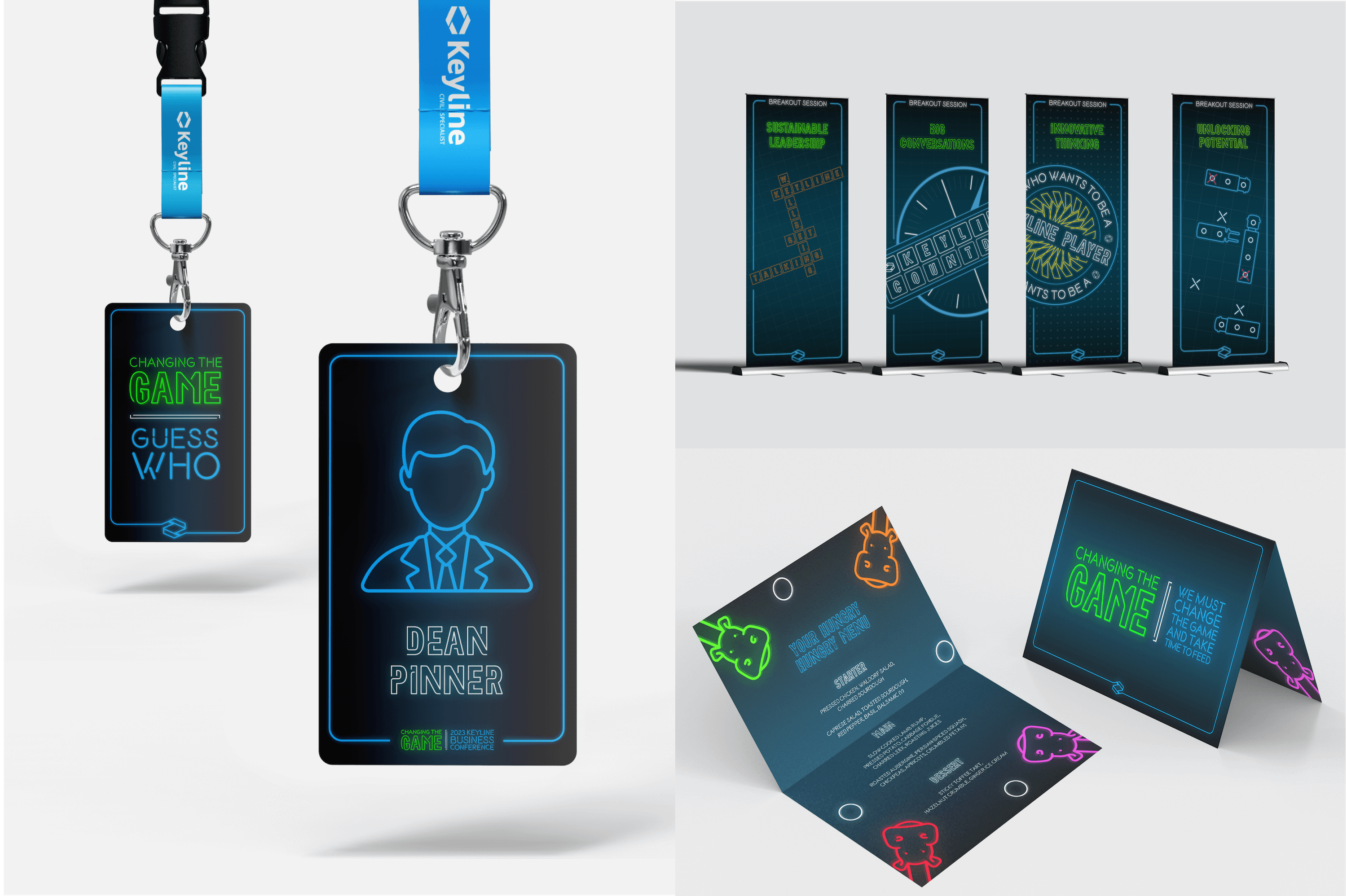 A trio of images showing Keyline lanyards, banners and leaflets