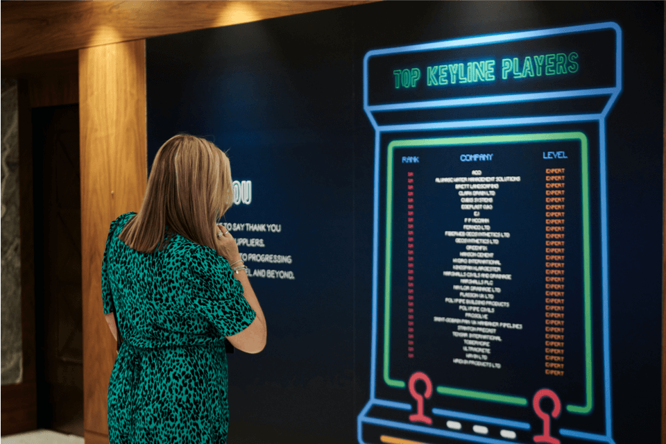 A woman wearing a green dress looking at the top Keyline players graphic.