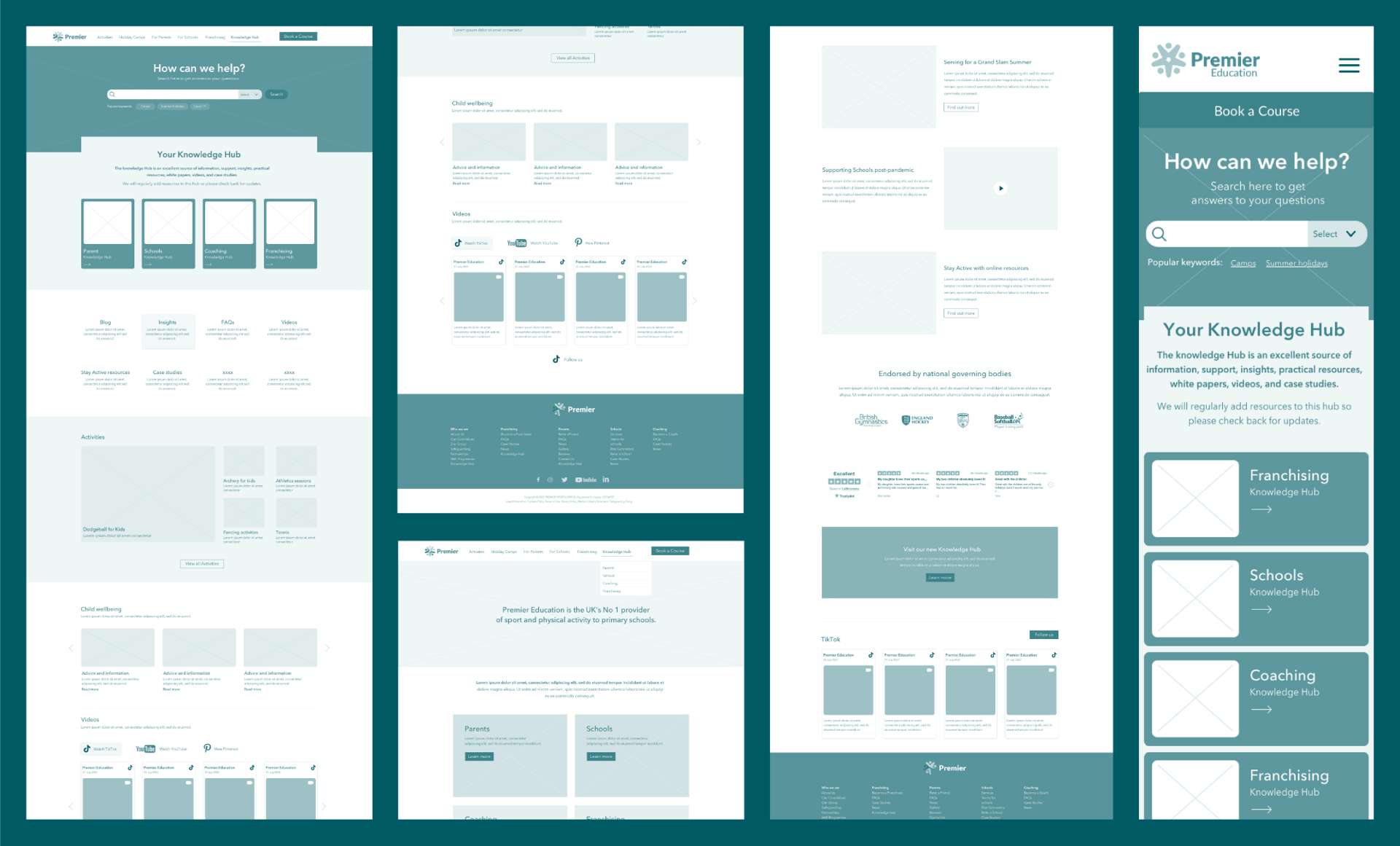Wireframes designed by OneAgency for the new Premier Education Group Knowledge Hub section.