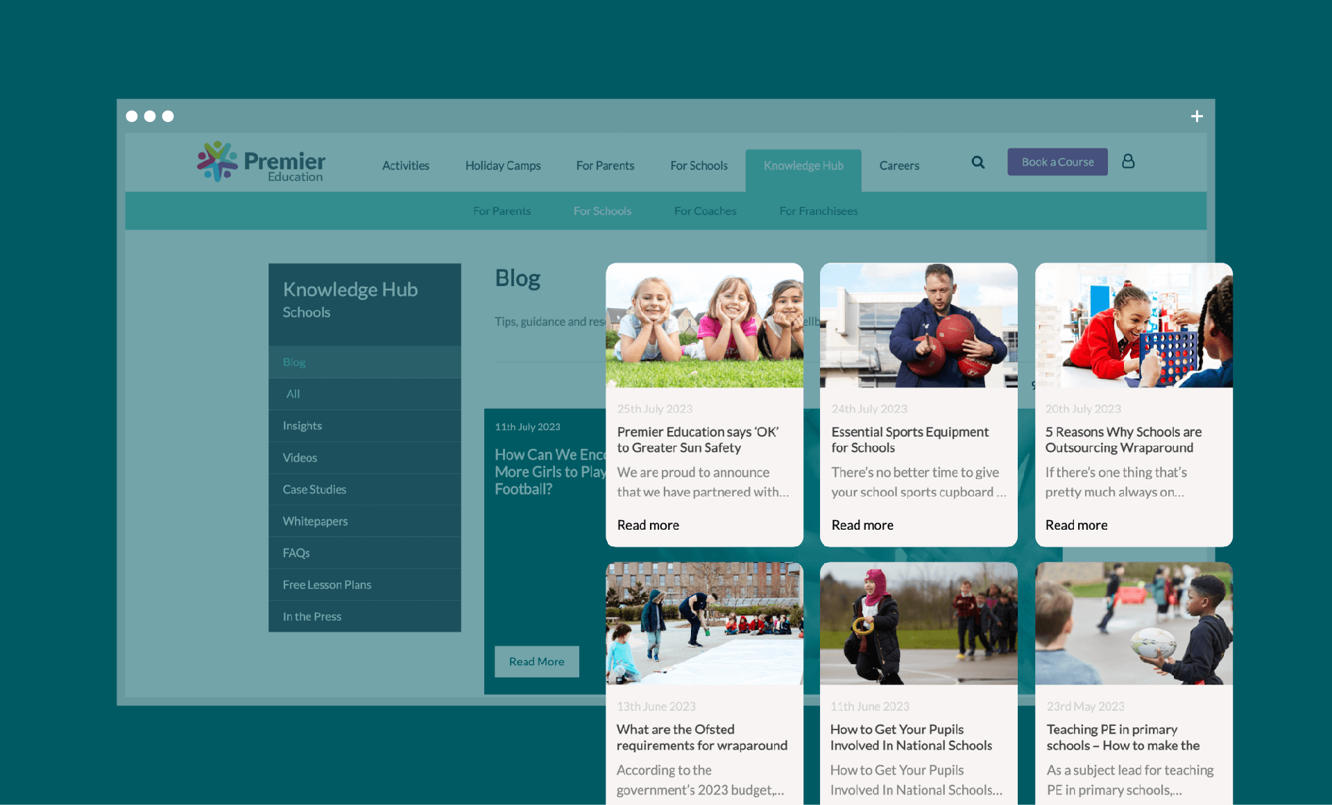 A mockup of the Knowledge Hub section on the Premier Education website showing the variety of blogs uploaded.