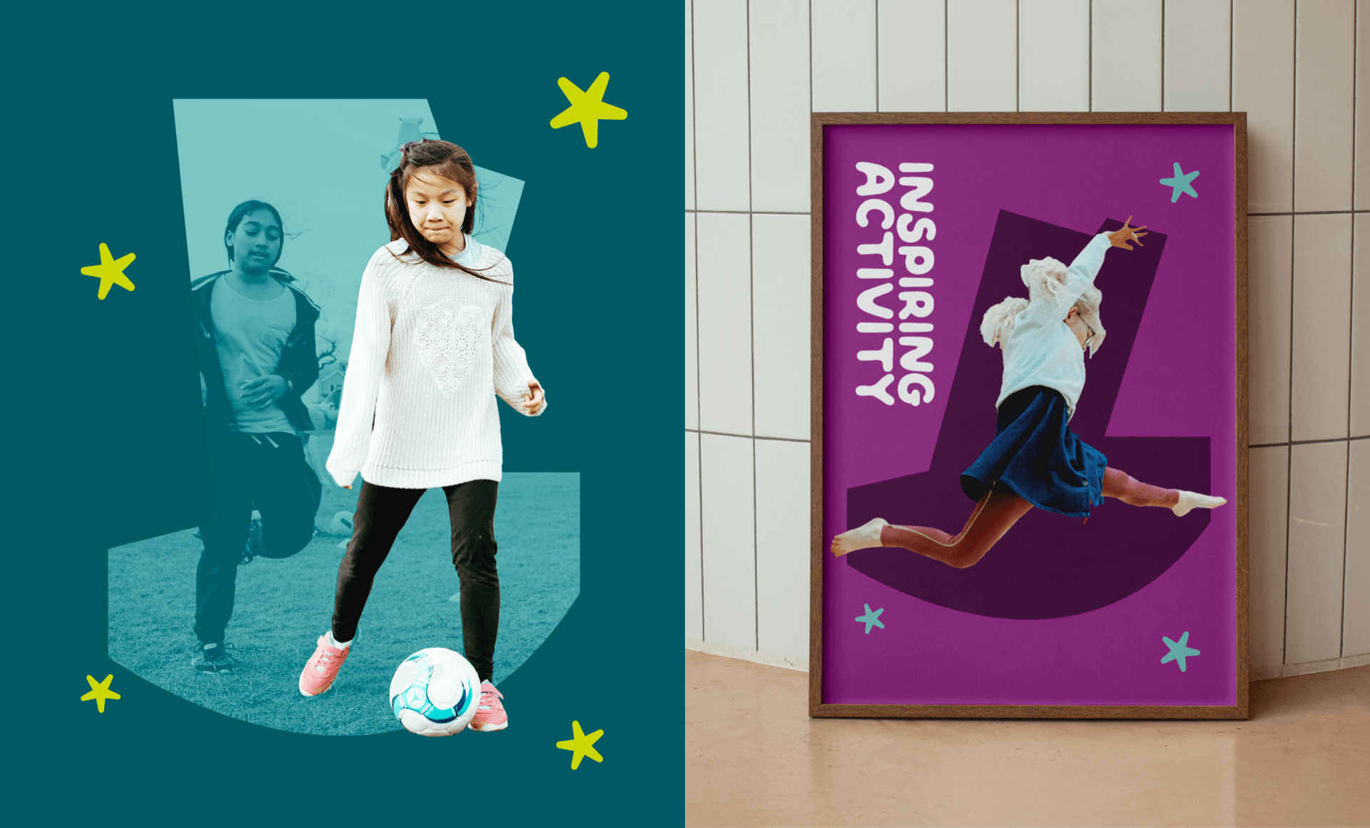 2 images side by side. The left showing a young girl kicking a football and the right showing a framed picture of a young girl participating in a gymnastics activity