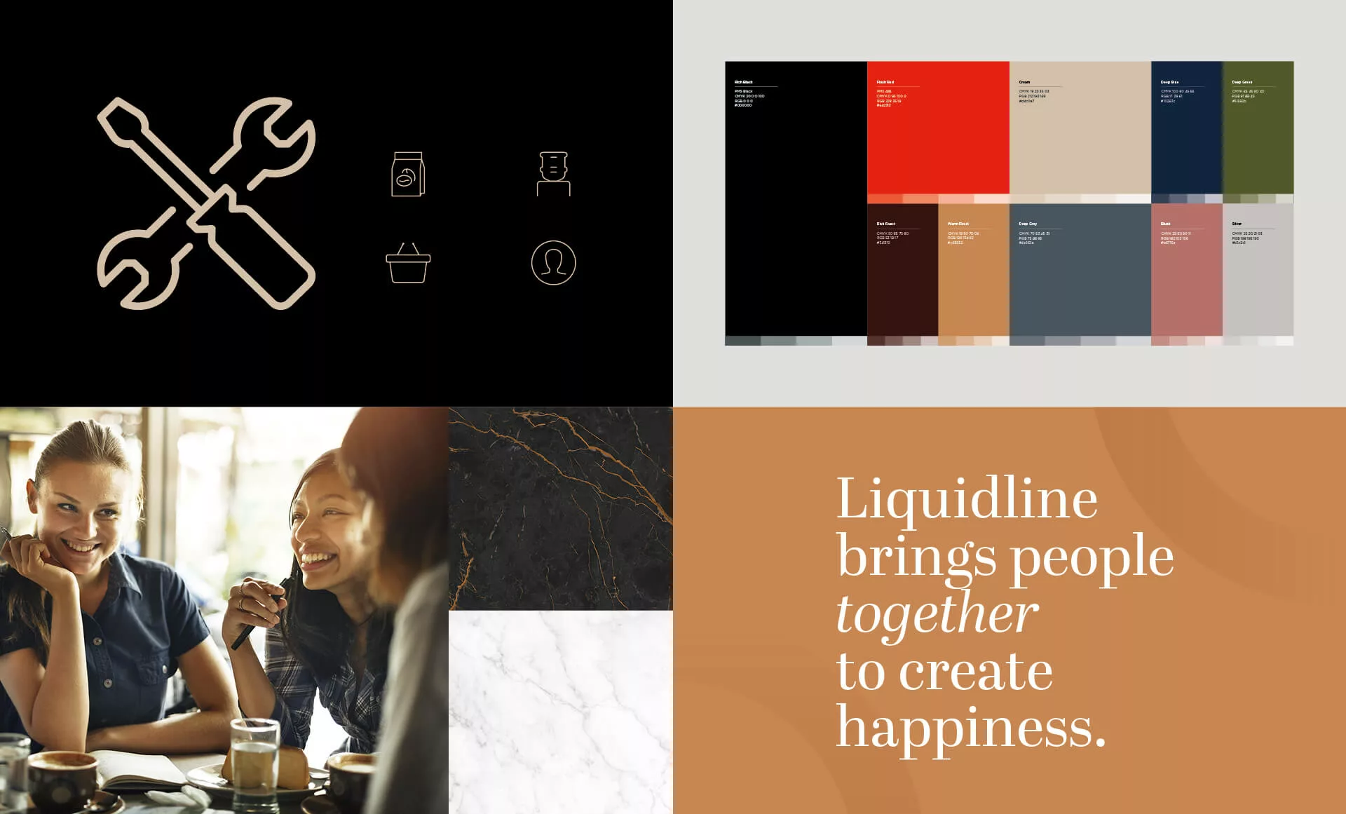 4 images showing icons, colours and typography from the Liquidline branding