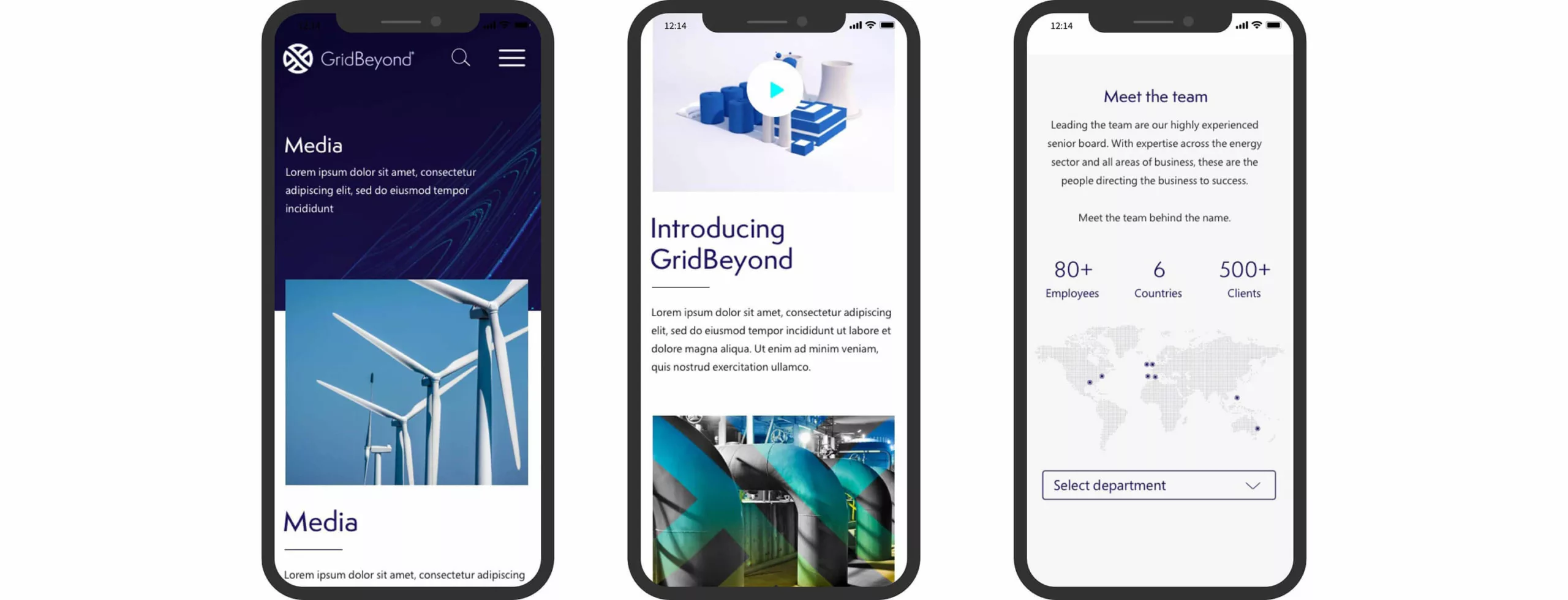 Three mobile phones showing GridBeyond website design