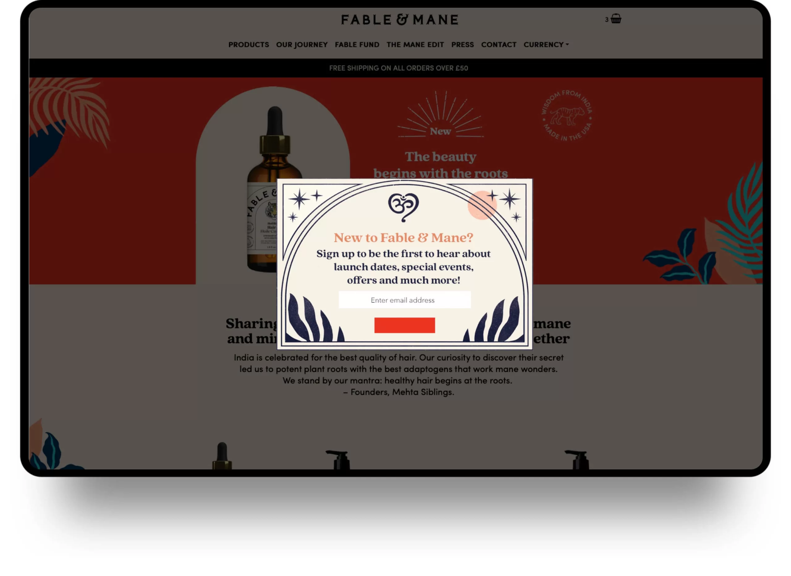 Website page inviting users to sign up for Fable & Mane newsletter