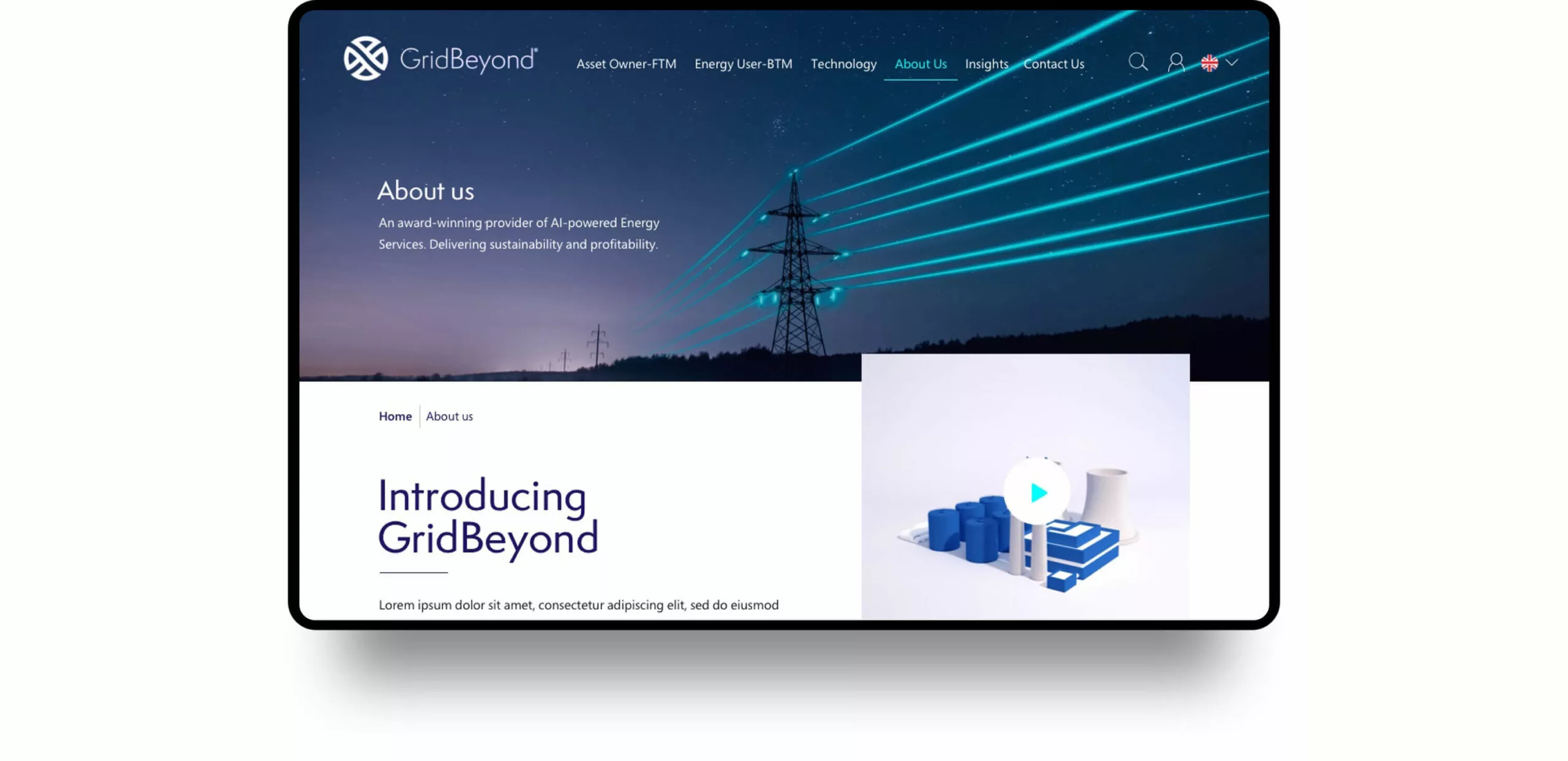A sleek and modern website design for GridBeyond, featuring a clean layout and intuitive navigation.