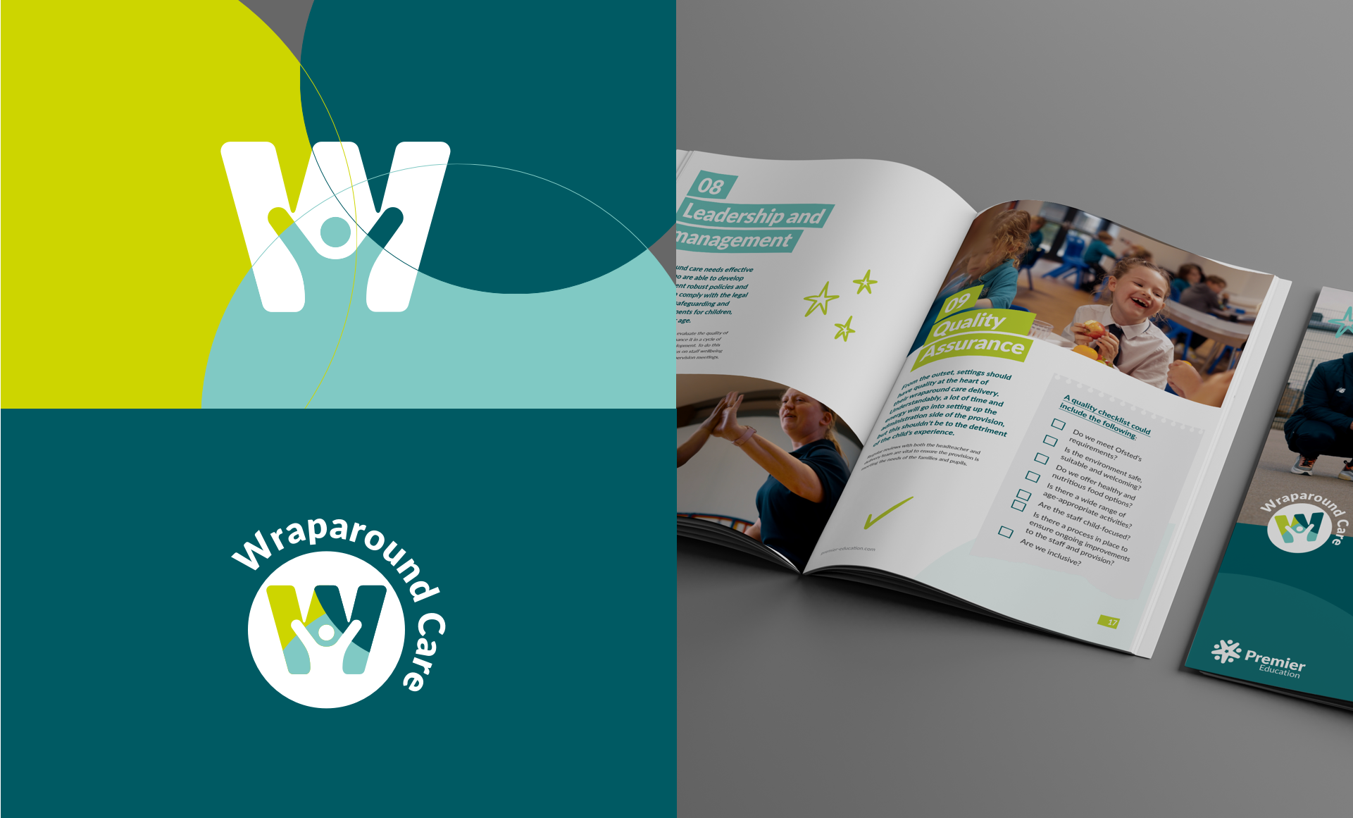 A selection of different images showing the Wraparoud Care logo and a mockup of the Wraparound Care page in a magazine