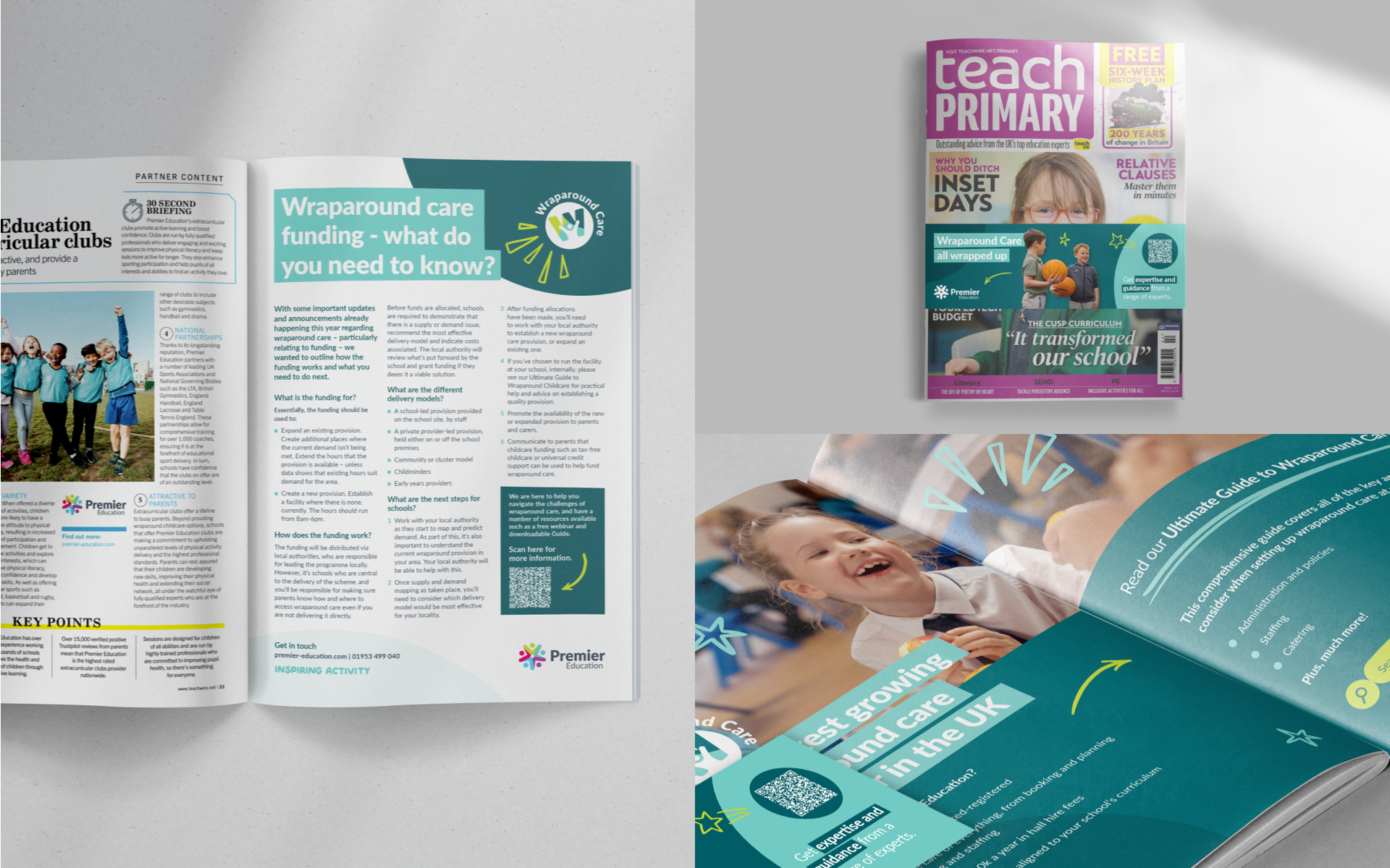 A selection of images showing the Wraparound Care page spread in the Teach Primary magazine