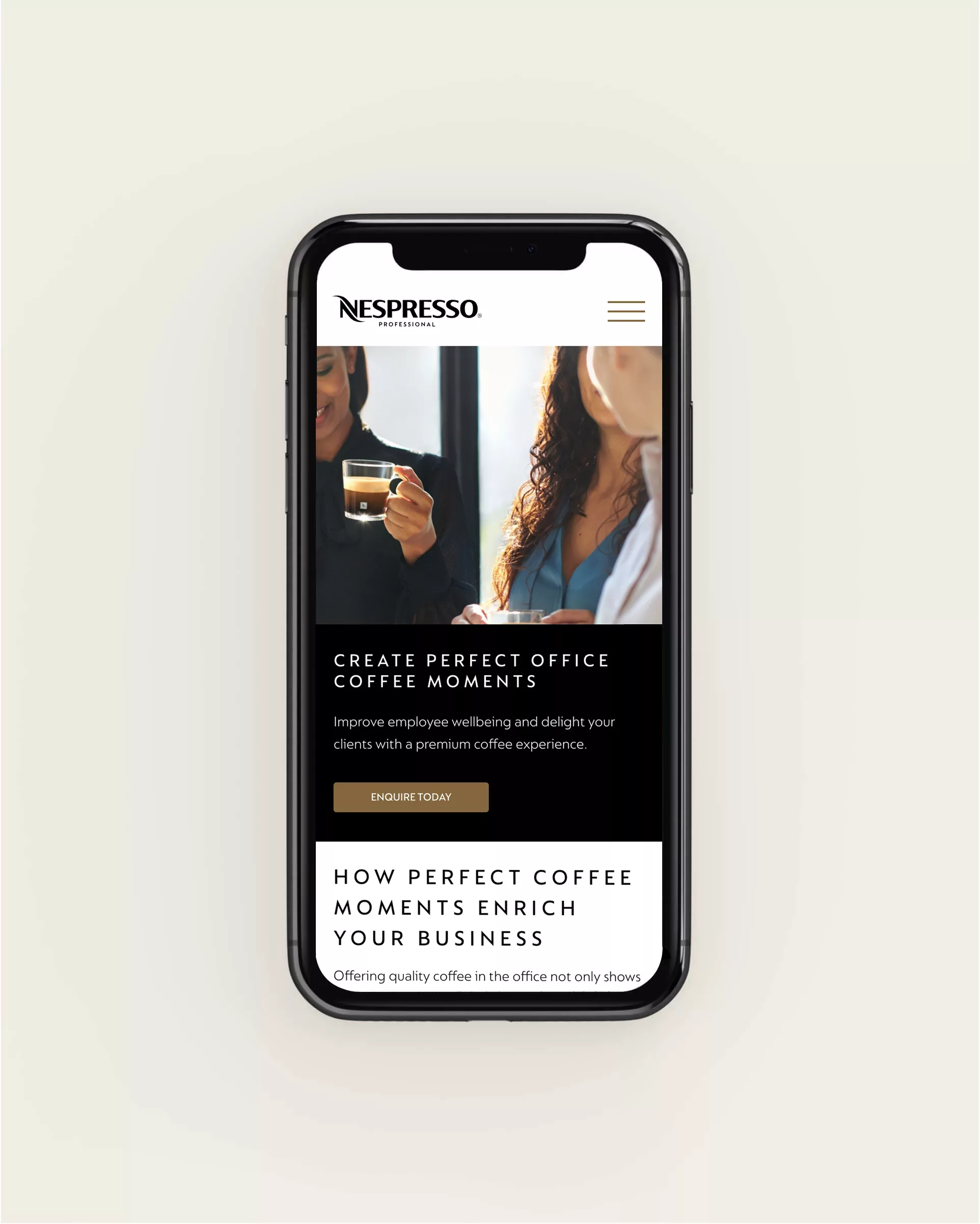 Nespresso for business website on mobile device