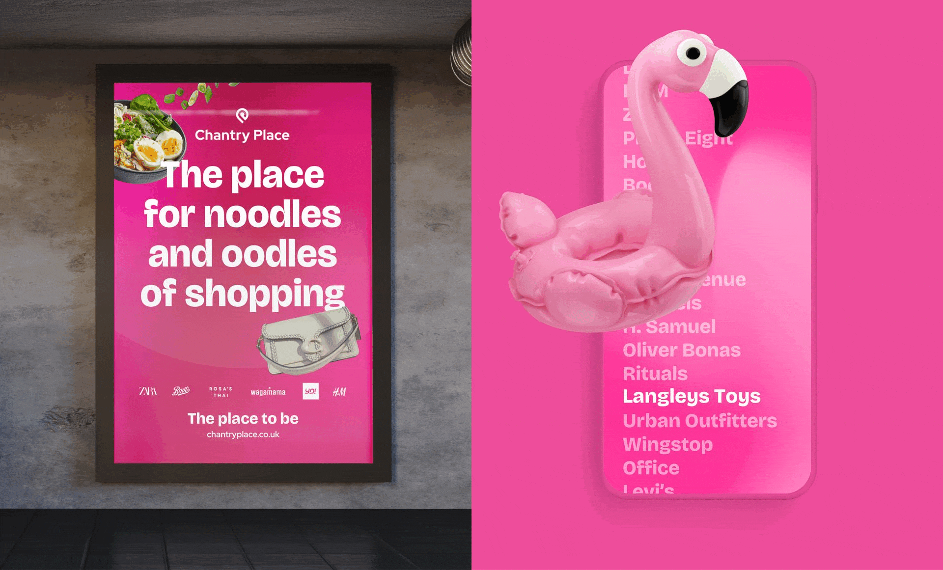 GIF 1 Two images sit side by side. One features a large format poster on pink with the text 'the place for noodles and oodles of shopping'. on the right a phone post of items available to purchase with the items falling across the screen, a pair of headphones, a pair of sunglasses, an inflatable flamingo.