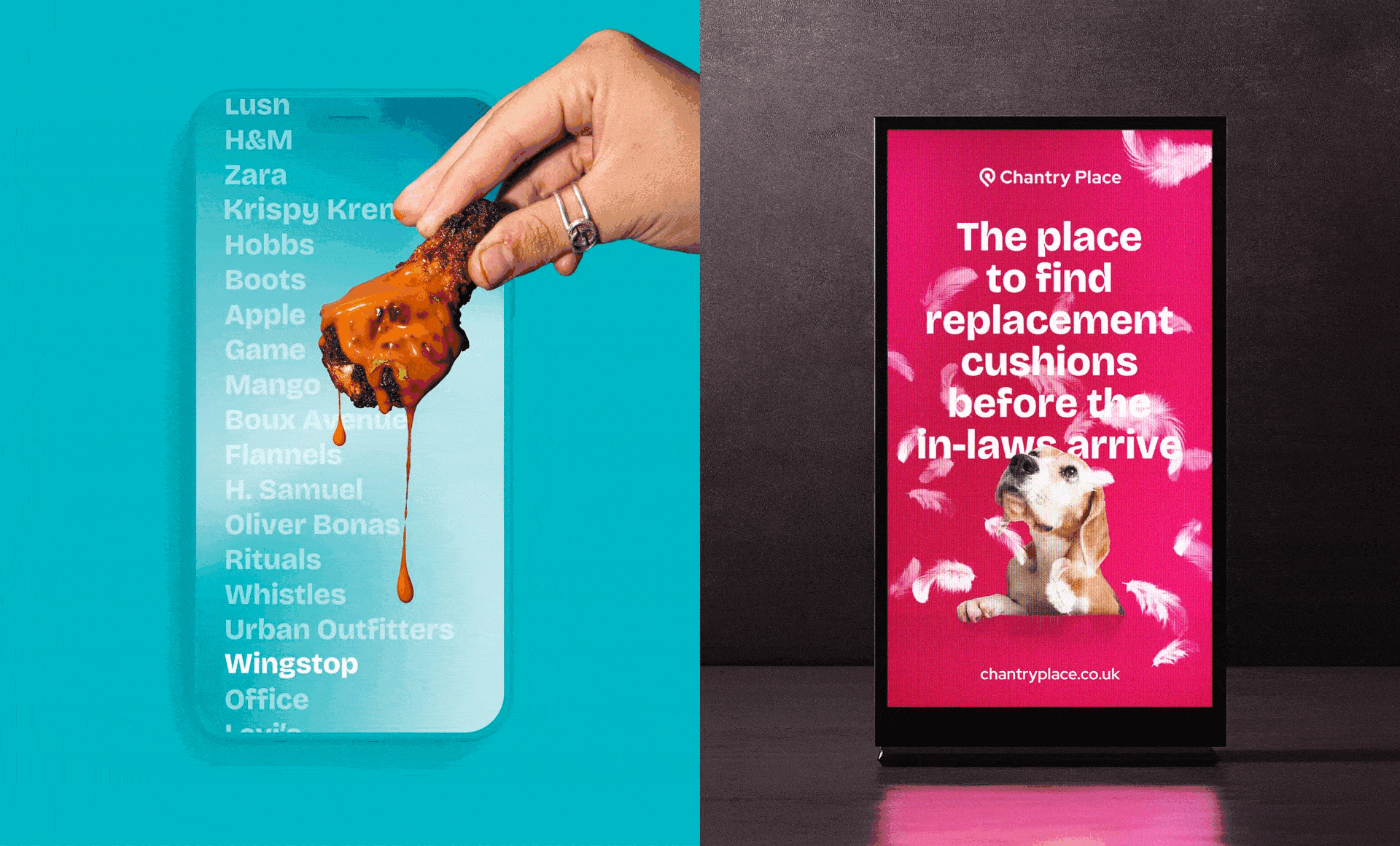 GIF 2 Two images are shown, on the left a phone on a blue background flashes up items as their image is displayed above them, a doughnut, beauty product and chicken drumstick. On the right a dog covered in feathers on a pink background. The text says 'the place to find replacement cushions before the in-laws arrive'