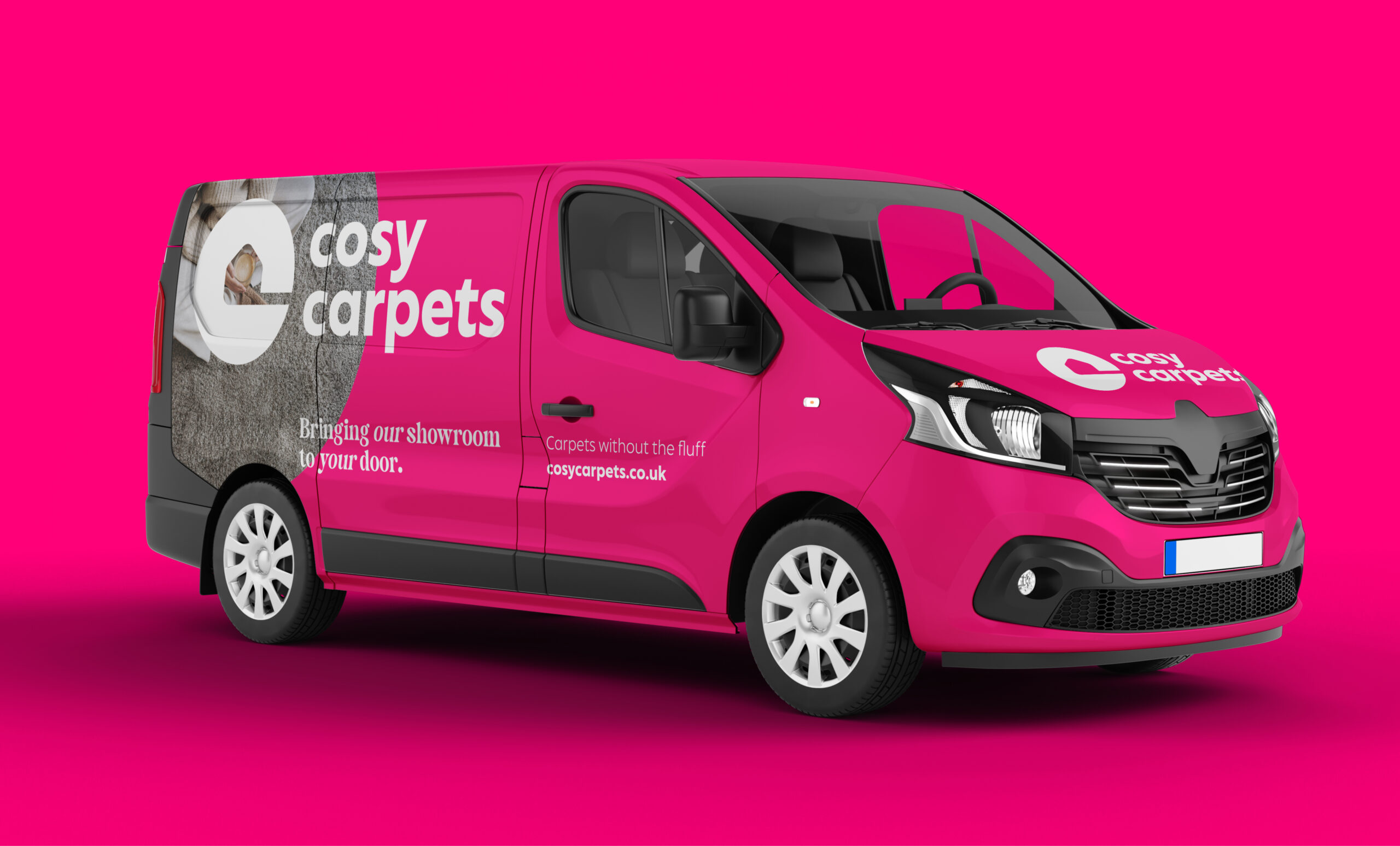 A van sits on a vibrant pink background, the van is wrapped in bright pink branding saying 'Cosy Carpets'