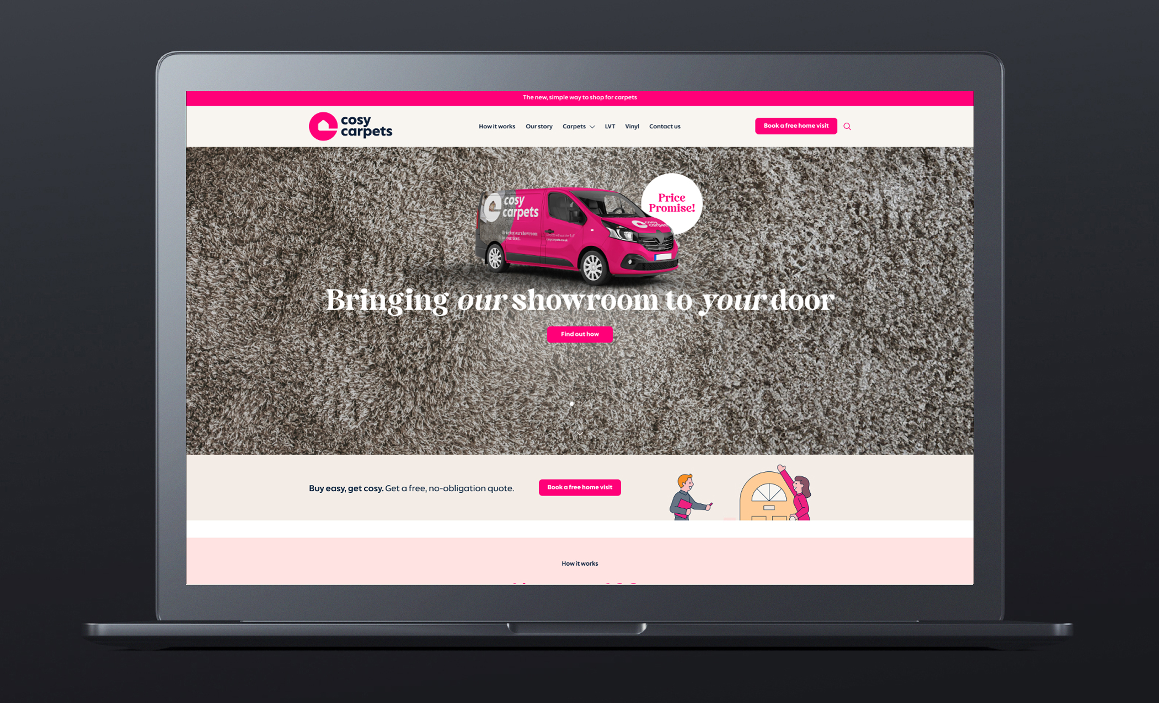 A laptop is open on the cosy carpets website homepage