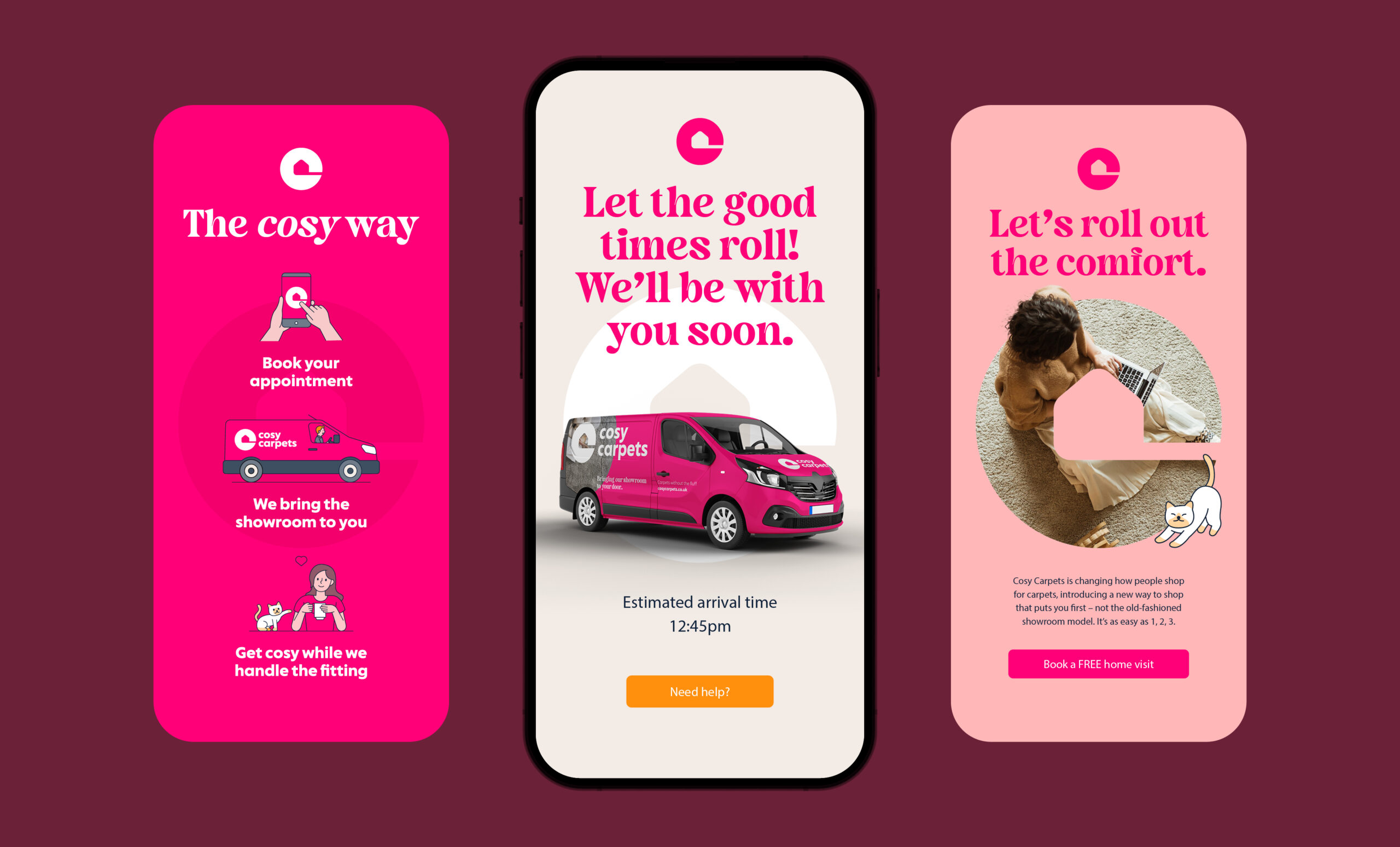 three phones display bright pink social assets