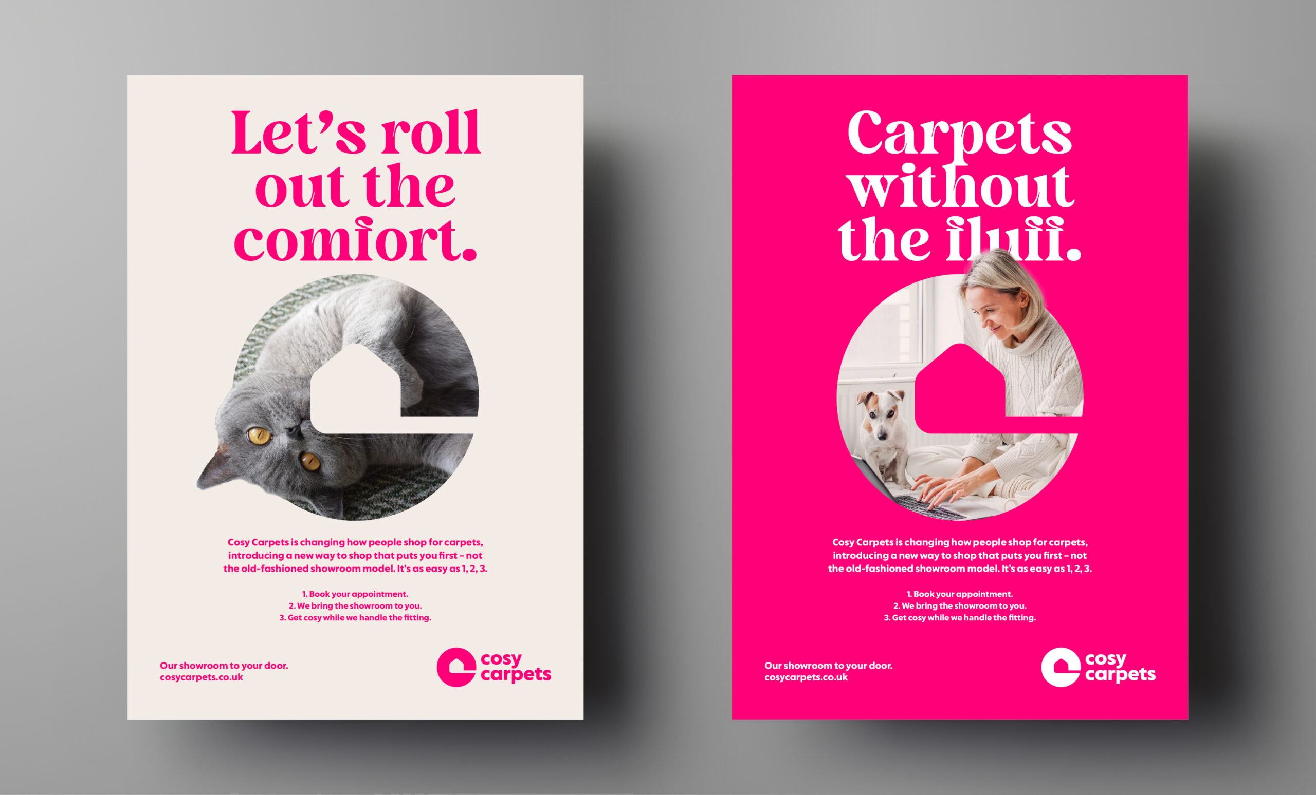 Two pink leaflet ads for Cosy Carpets